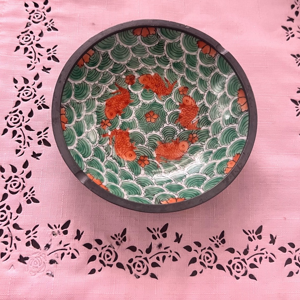 Vintage Pewter Ashtray With Koi Fish Chinoiserie Style